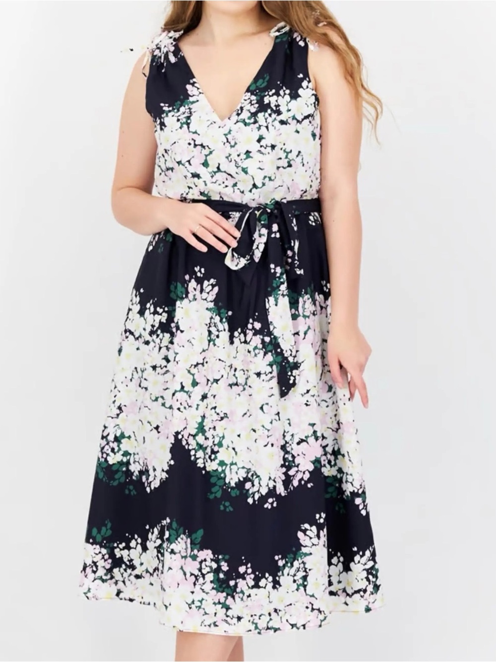 Vince Camuto navy blue Floral V-Neck Tie-Waist Midi Dress